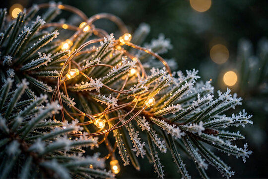 Frosted Pine Needles Macro Tangled with Warm Glowing Fairy String Lights and Sparkling Frost Crystals