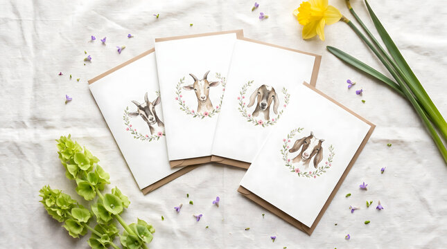 Watercolor goat illustration greeting cards set with spring flowers on a linen tablecloth