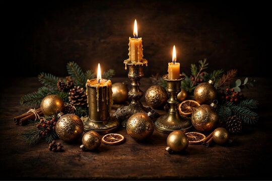 Vintage Christmas Still Life with Antique Brass Candle Holders Lit Candles Gold Baubles and Dried Orange on Dark Walnut