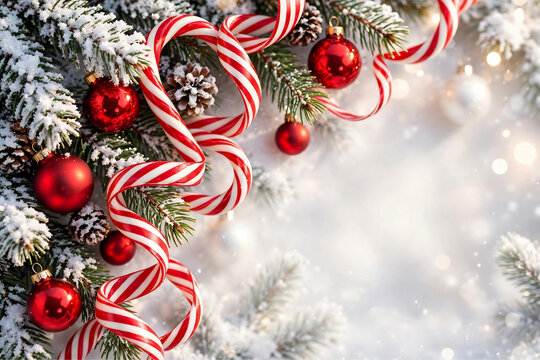 Joyful Red and White Christmas Background with Candy Cane Striped Ribbons Glossy Red Baubles and Snowy Pine Branches