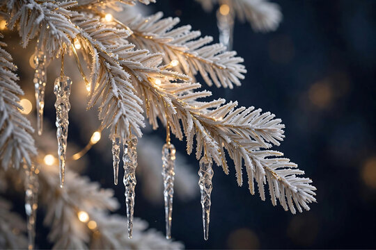 Elegant White and Gold Christmas Tree Detail with Frosted Branches Crystal Icicle Ornaments and Warm Fairy Lights on Navy