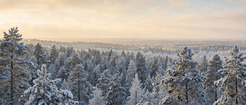 Soft Daylight Winter Forest Panorama with Snow Laden Pine Trees to the Horizon under a Pale Gold Morning Sky