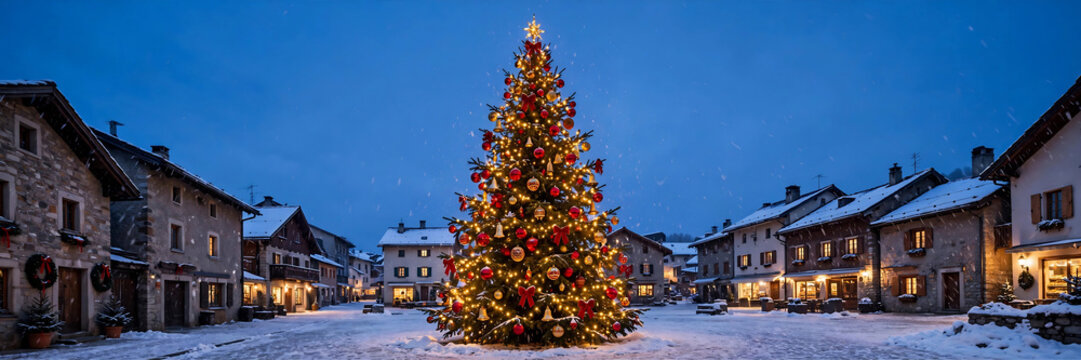 Grand Decorated Christmas Tree in a Snowy Village Square at Dusk with Red and Gold Baubles and Deep Blue Twilight Sky