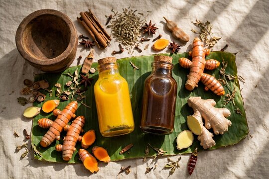 Traditional Indonesian jamu herbal drinks in glass bottles with fresh turmeric ginger tamarind and spices on banana leaf - authentic jamu kuning and beras kencur flatlay