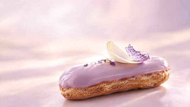 Elegant lavender glazed eclair with chocolate petal and gold flake