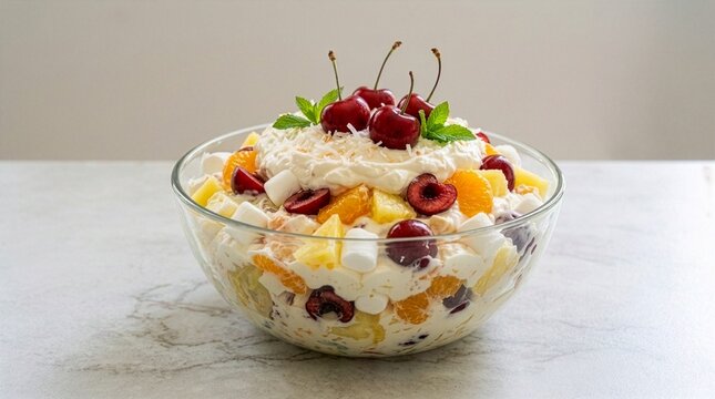 A clear glass bowl filled with colorful ambrosia salad featuring diced pineapple, mandarin oranges, fluffy mini marshmallows, and rich cream dressing garnished with vibrant red cherries on top.