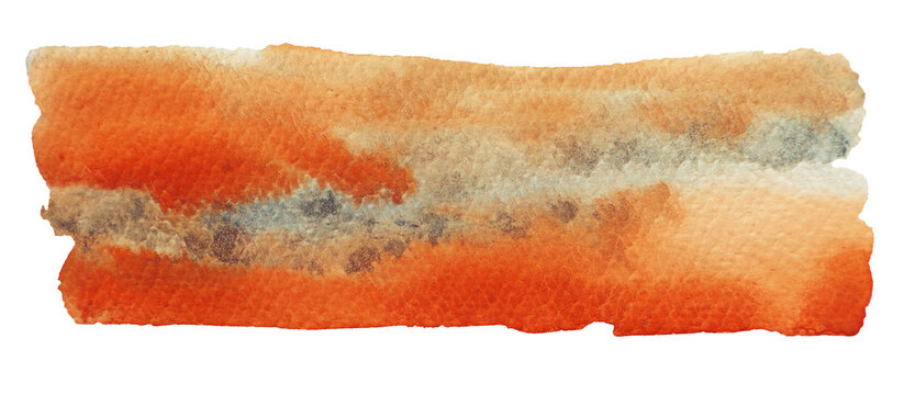 Abstract watercolor wash in orange, beige and muted blue. Layered horizontal bands, irregular edges and granulated pigment form a wide textured shape isolated on transparent