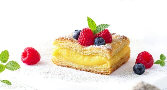 A delicious slice of puff pastry cake layered with sweet custard cream, dusted with powdered sugar, and topped with fresh raspberries, blueberries, and mint leaves on a white surface.