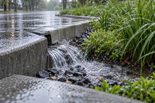 Stormwater Flowing Into Urban Rain Garden Curb Inlet