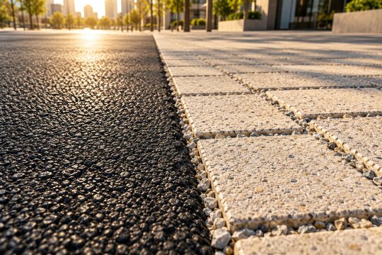 Light Permeable Paving Beside Dark Asphalt in Summer Sun