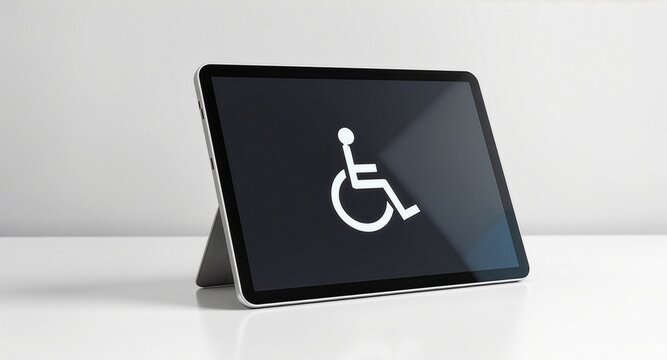 A modern tablet computer standing on a white desk displaying a white wheelchair accessibility symbol on its dark screen, representing digital inclusion and medical technology.