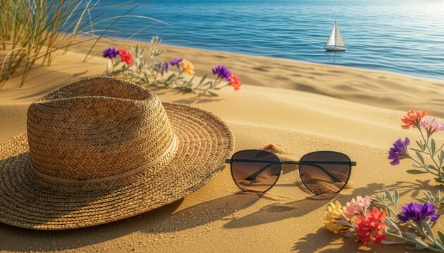 A brown straw fedora hat and dark sunglasses rest on a sandy beach hill adorned with small colorful wild flowers, with a calm blue ocean and a small white sailboat in the background.