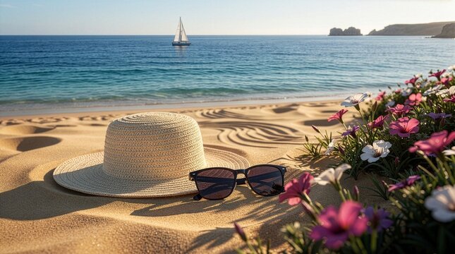 A beige straw sun hat and dark sunglasses rest on a textured sandy beach next to purple and white flowers, with a calm blue ocean, a lone sailboat, and rocky cliffs in the background.