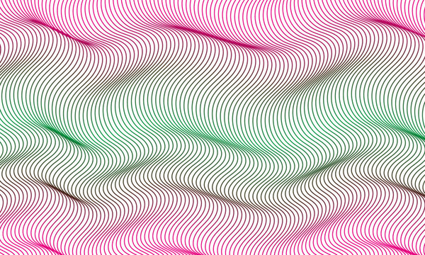 Abstract wavy lines pattern with pink and green gradient on white background, graphic design.