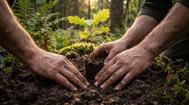 Two people planting a young oak tree sapling in rich soil inside a lush green forest to support environmental conservation