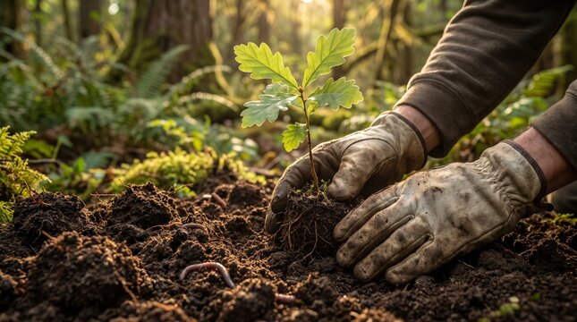 A Person Carefully Planting a Young Oak Sapling into Rich Forest Soil to Promote Reforestation and Environmental Conservation Efforts