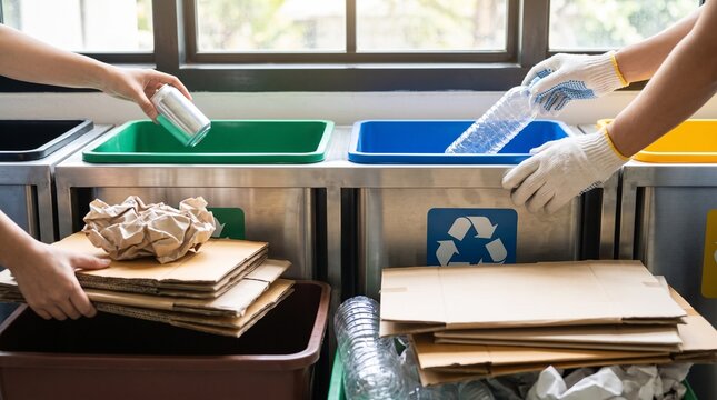 People sorting waste into colored recycling bins with paper cardboard plastic and metal cans for environmental sustainability