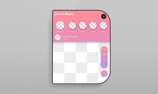 Pink social media app feed UI mockup template with story avatar placeholders and image grid