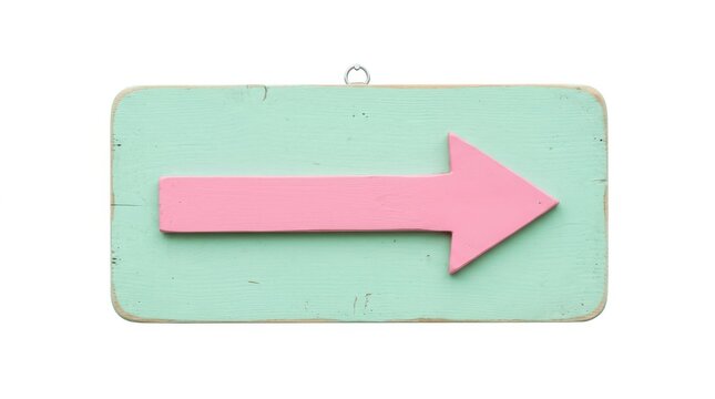 Pastel Mint Green Rustic Wooden Sign with a Pink Directional Arrow Pointing Right, Isolated on White Background. Vintage Weathered Wood Plaque for Information, Wayfinding, and Shabby Chic Decor.