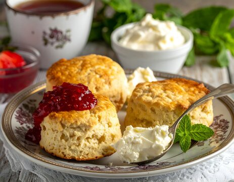 Fresh baked scone with cream and berry preserve served for teatime