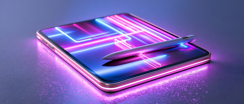 Futuristic Digital Canvas: A sleek tablet with a stylus rests on a reflective surface, illuminated by vibrant neon light streaks in purple and blue, suggesting digital art and innovation.