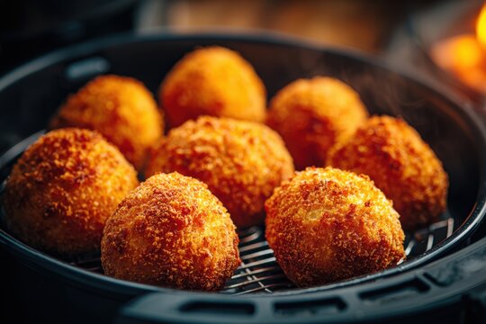 Crisp golden croquettes arranged in an air fryer basket, ready to serve