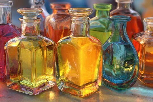 Sculptural oil bottles in vivid colors feature glossy surfaces and eye-catching contemporary designs