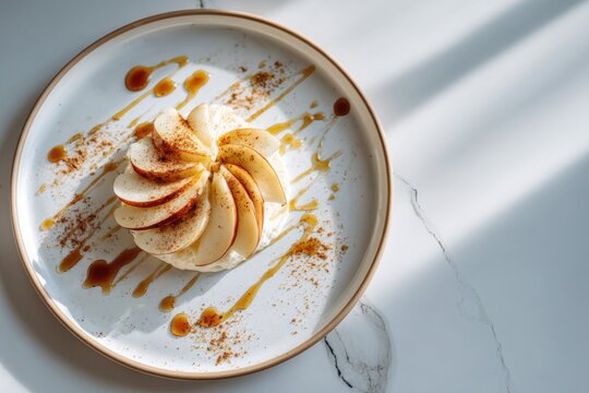 Elegant baked apple slices finished with a delicate maple syrup drizzle on a minimalist plate