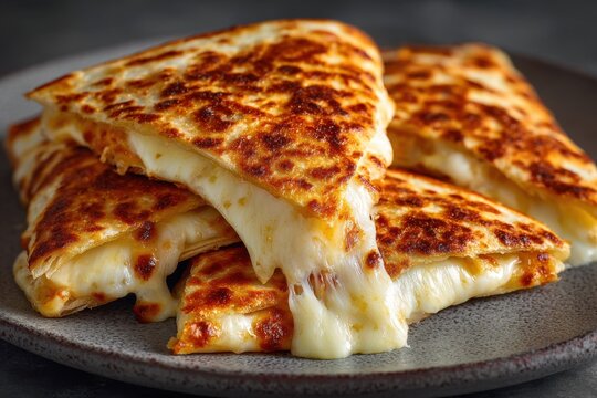 Golden quesadilla wedges reveal gooey melted cheese inside a crisp toasted tortilla