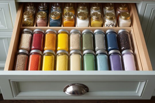 A neatly arranged pantry showcases vibrant jars and practical spice containers in assorted colors