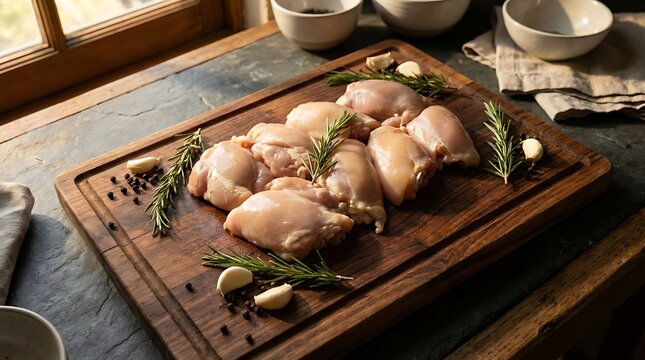 Raw chicken thighs with fresh rosemary and garlic on a wooden cutting board in a rustic kitchen. boneless chicken thigh