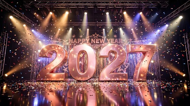 Spectacular new year's eve celebration featuring a vibrant stage with dazzling lights energetic performances and a captivating atmosphere promising an unforgettable experience for