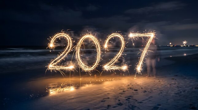 Celebrating the dawn of 2027 a spectacular new year's eve display with radiant light trails and joyful anticipation for the year ahead filled
