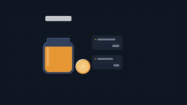 Seamless 4K looping food animation: jar lid opening up wide. Clean flat vector food illustration in blue and azure on a dark grid background, with blank info cards instead of real text so you can add 