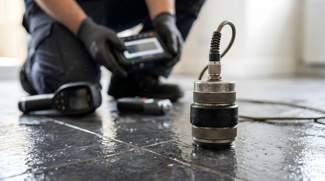 Professional plumber using acoustic ground microphone sensor for water leak detection on floor