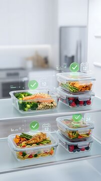 Healthy meal prep glass containers in refrigerator with smart digital tracking icons
