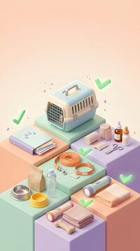 3D Isometric Illustration of Pet Emergency Kit Checklist with Carrier and Medical Supplies
