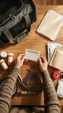 Hands Organizing Pet Emergency Kit with Medical Supplies and Carrier on Table