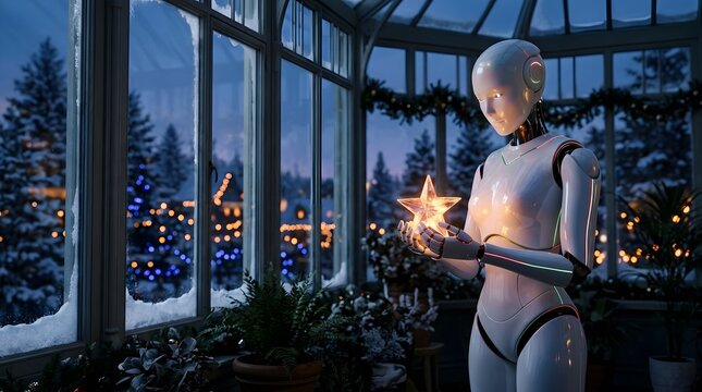 Futuristic White Humanoid Robot Holding Glowing Crystal Star Ornament in Winter Conservatory