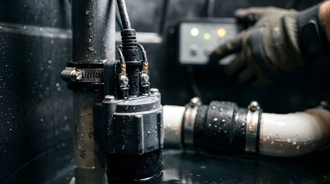 Professional plumber maintaining a residential sump pump system in wet basement conditions