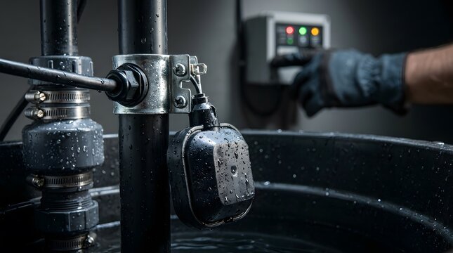 Professional plumber maintaining a residential sump pump system with float switch control