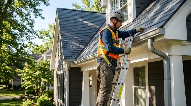 Professional technician in safety gear inspecting and cleaning roof gutters on house
