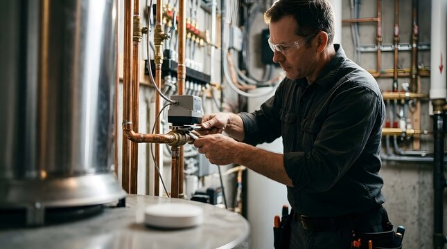 Professional technician mounting water shut-off valve on copper pipes in a residential utility room