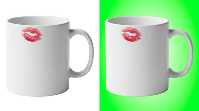 A white ceramic coffee mug featuring a red lipstick kiss mark print on a clean white background