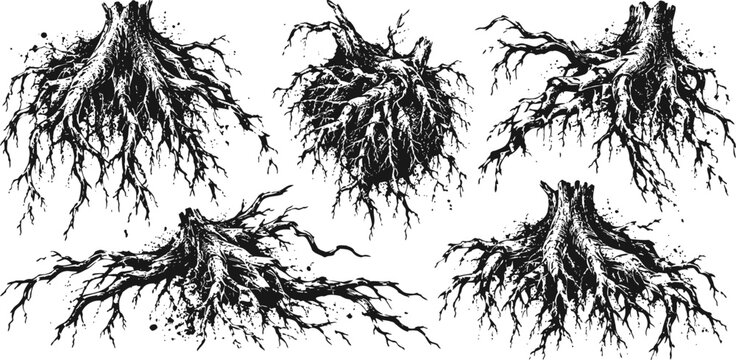 detailed black ink tree roots drawings set various root shapes with intricate textures and organic forms