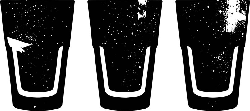Three black grunge beer glasses silhouettes with foam splash and bubbles design