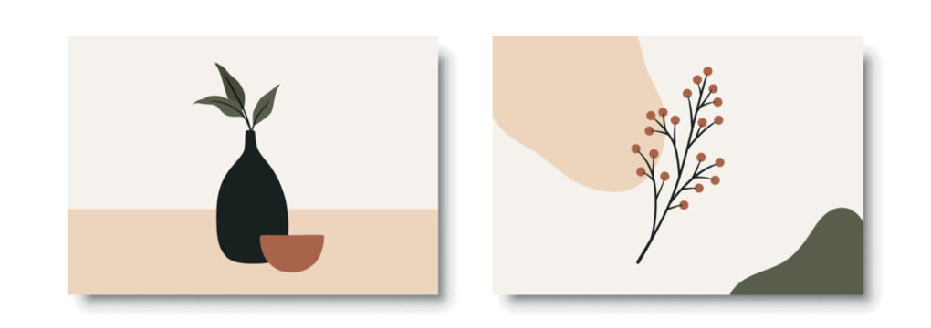 Wall Art Set with Abstract Botanical Shapes and Minimal Plants, Vector Illustration. Wall Art in Mid-Century Modern Boho Style for Interior Decor with Beige, Olive and Terracotta Colors