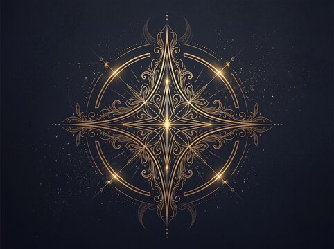 Golden Celestial Compass Symbol with Intricate Filigree Details and Mystical Glowing Stars on Dark Background