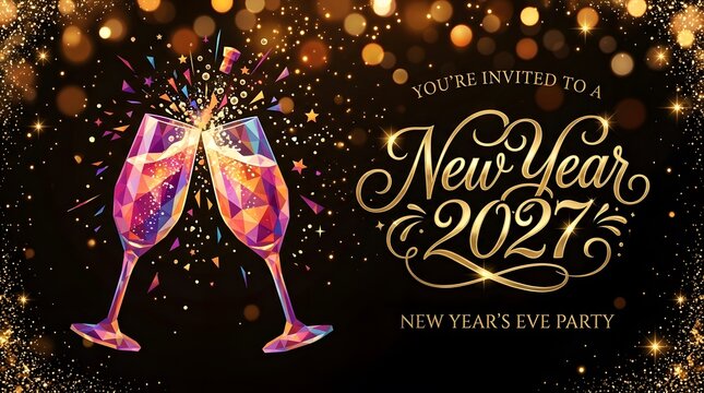 Celebrating the arrival of 2027 with sparkling champagne flutes joyful anticipation and a dazzling display of golden lights ushering in a year of