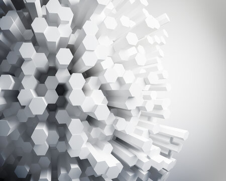 Dynamic white hexagonal columns bursting with copy space. 3D Rendering